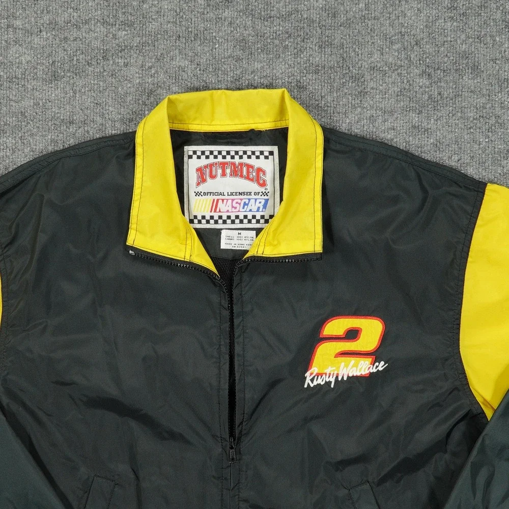 Vintage‎ Rusty Wallace Jacket Mens Medium Black NASCAR Racing Nutmeg Windbreaker